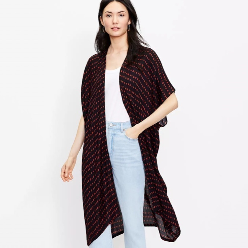 NWT Loft Pearl Polka Dot Print Long Open Kimono In Black & Red